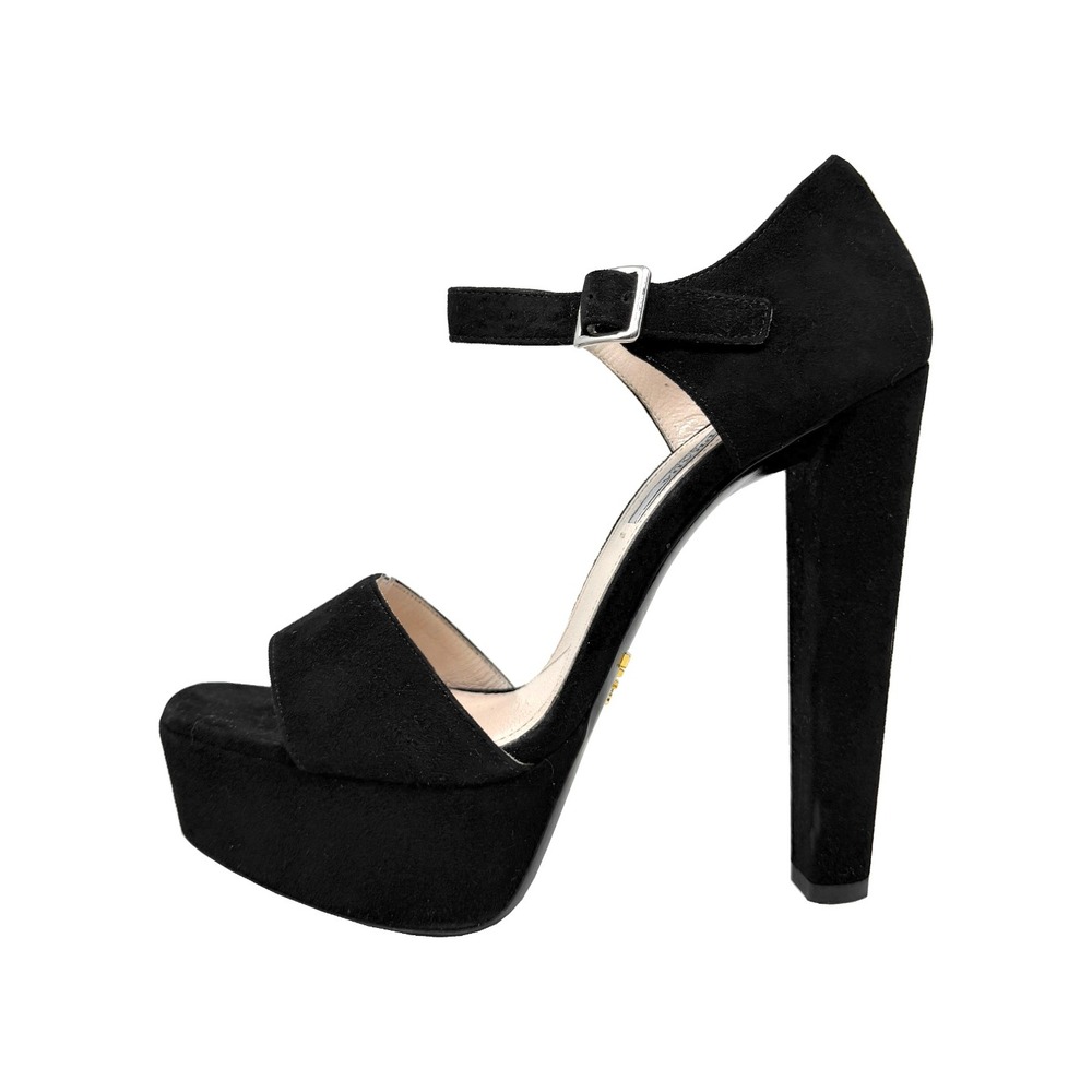 Prada‎ Black Suede Platform Sandals Ankle Strap Heels 38.5